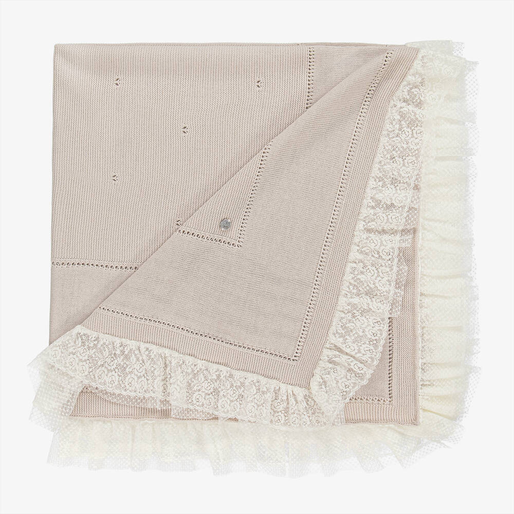 Artesanía Granlei-Beige Ivory Knit & Lace Blanket (109cm) | Childrensalon Outlet