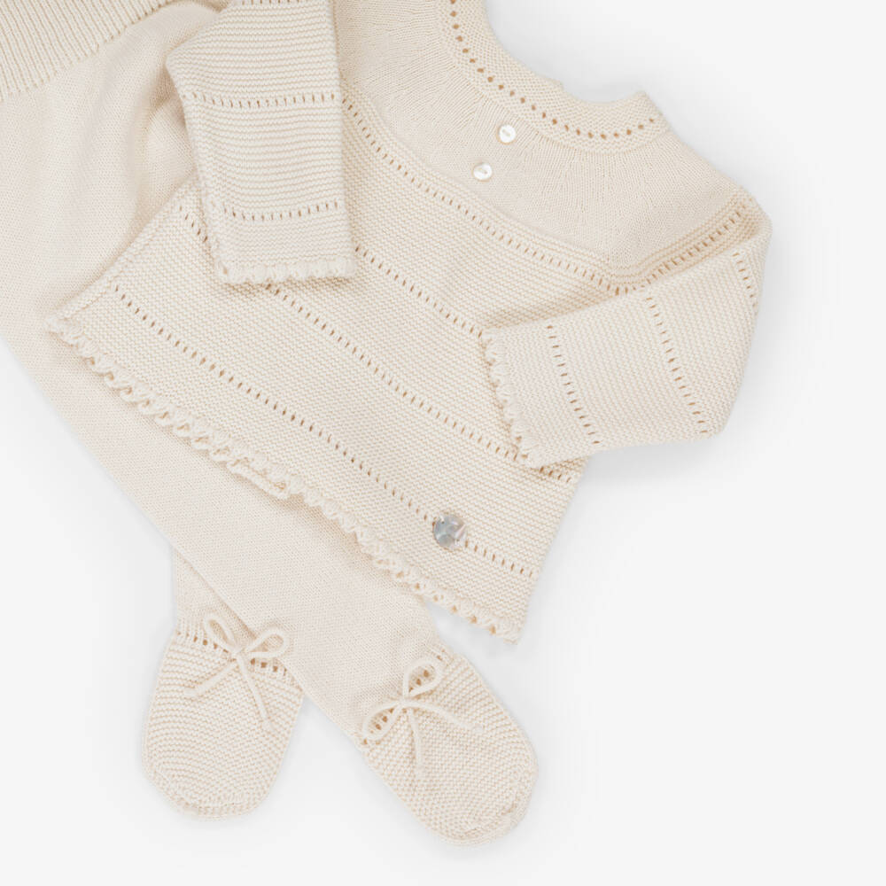 Artesanía Granlei-Beige Knitted 2 Piece Babygrow | Childrensalon Outlet