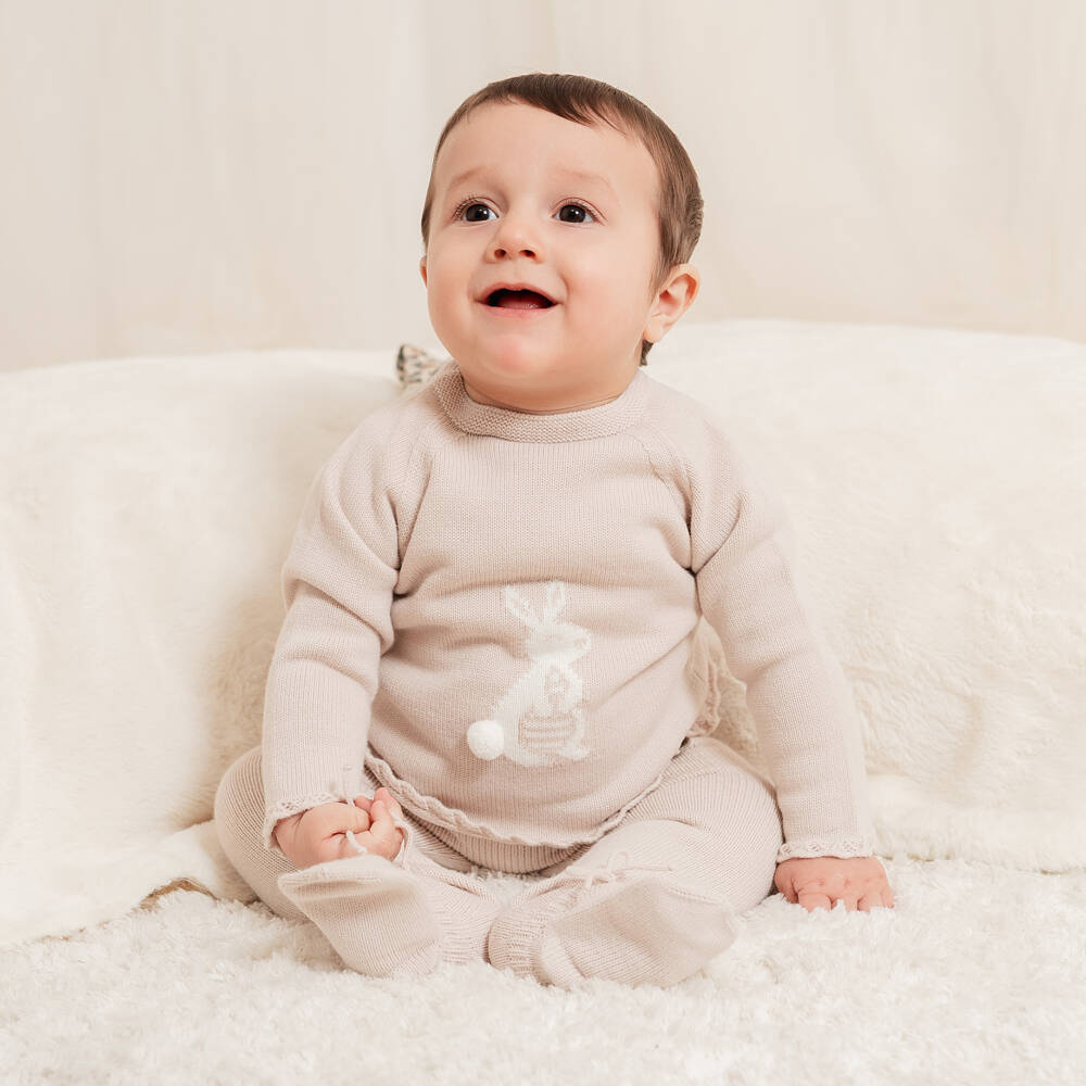 Artesanía Granlei-Beige Knitted 2 Piece Babygrow with Bunny Motif | Childrensalon Outlet