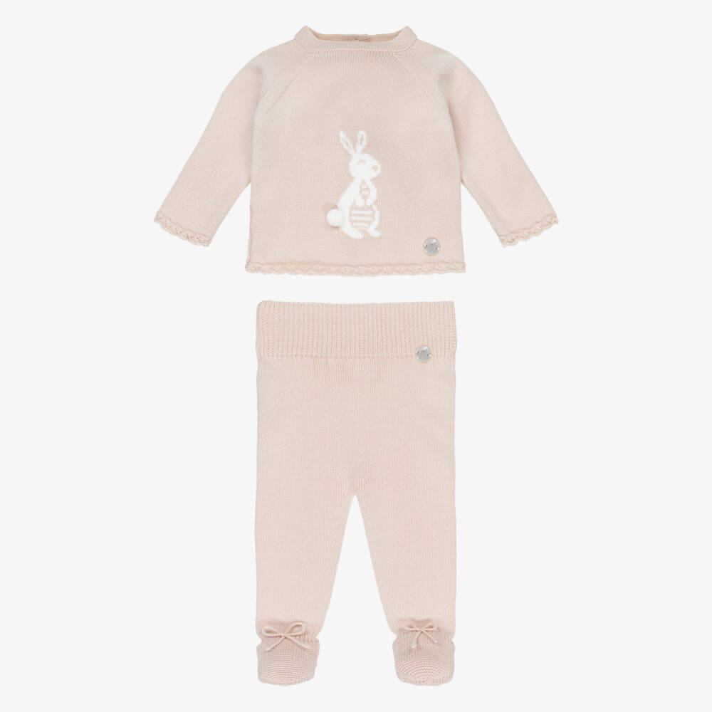 Artesanía Granlei-Beige Knitted 2 Piece Babygrow with Bunny Motif | Childrensalon Outlet