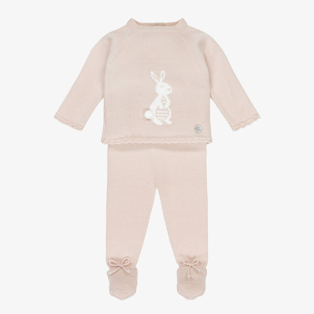 Artesanía Granlei-Beige Knitted 2 Piece Babygrow with Bunny Motif | Childrensalon Outlet