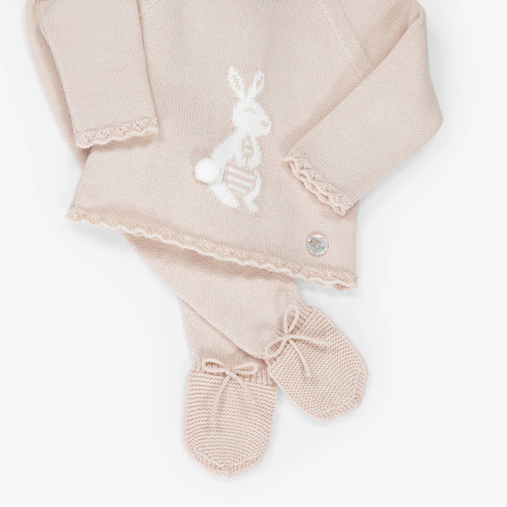 Artesanía Granlei-Beige Knitted 2 Piece Babygrow with Bunny Motif | Childrensalon Outlet