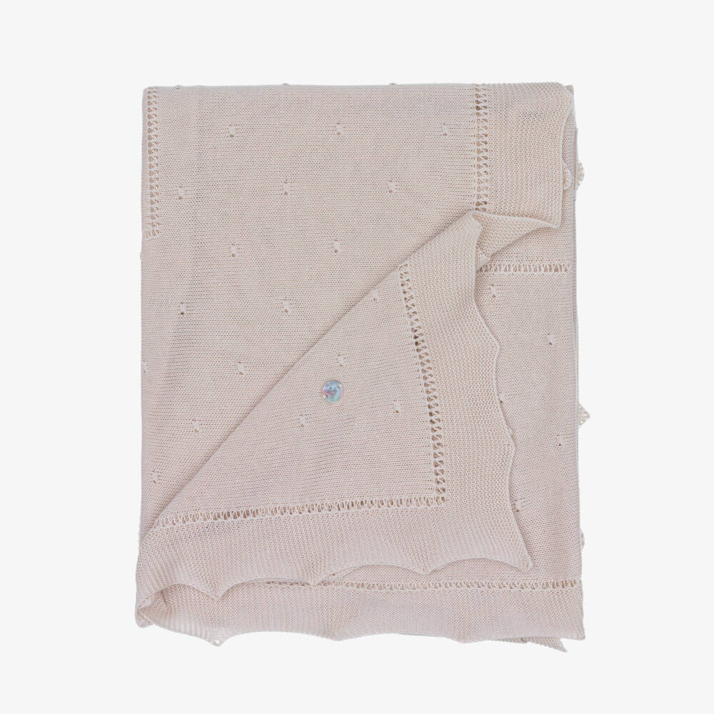 Artesanía Granlei-Beige Knitted Baby Shawl with Scalloped Edges (128cm) | Childrensalon Outlet