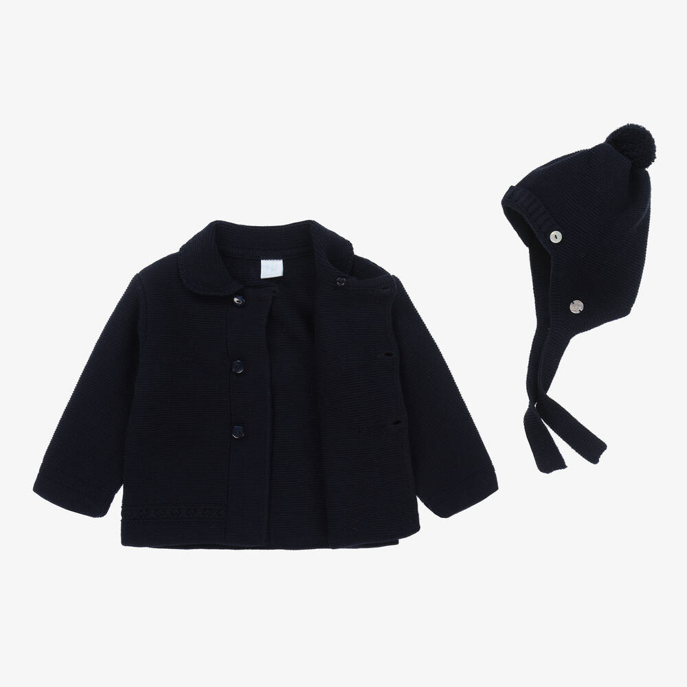 Artesanía Granlei-Blue Knit Baby Coat & Hat Set | Childrensalon Outlet