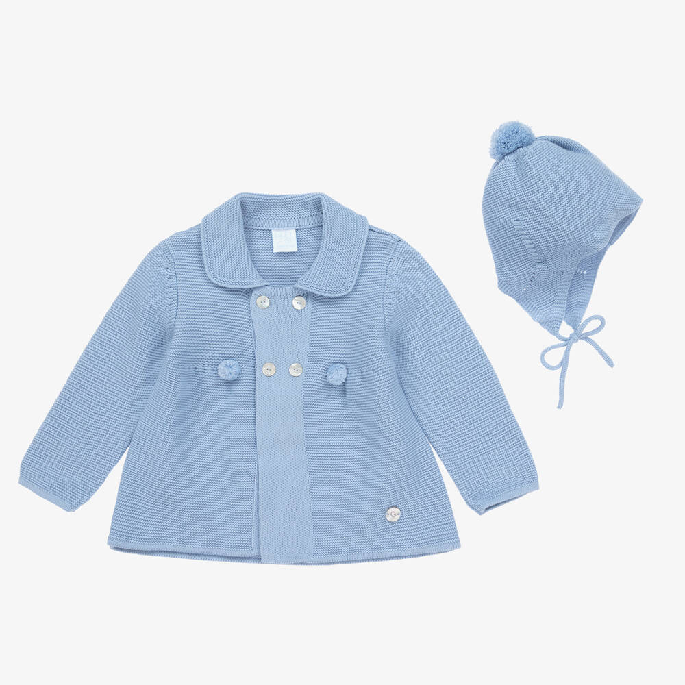 Blue Knitted Baby Coat Hat Set