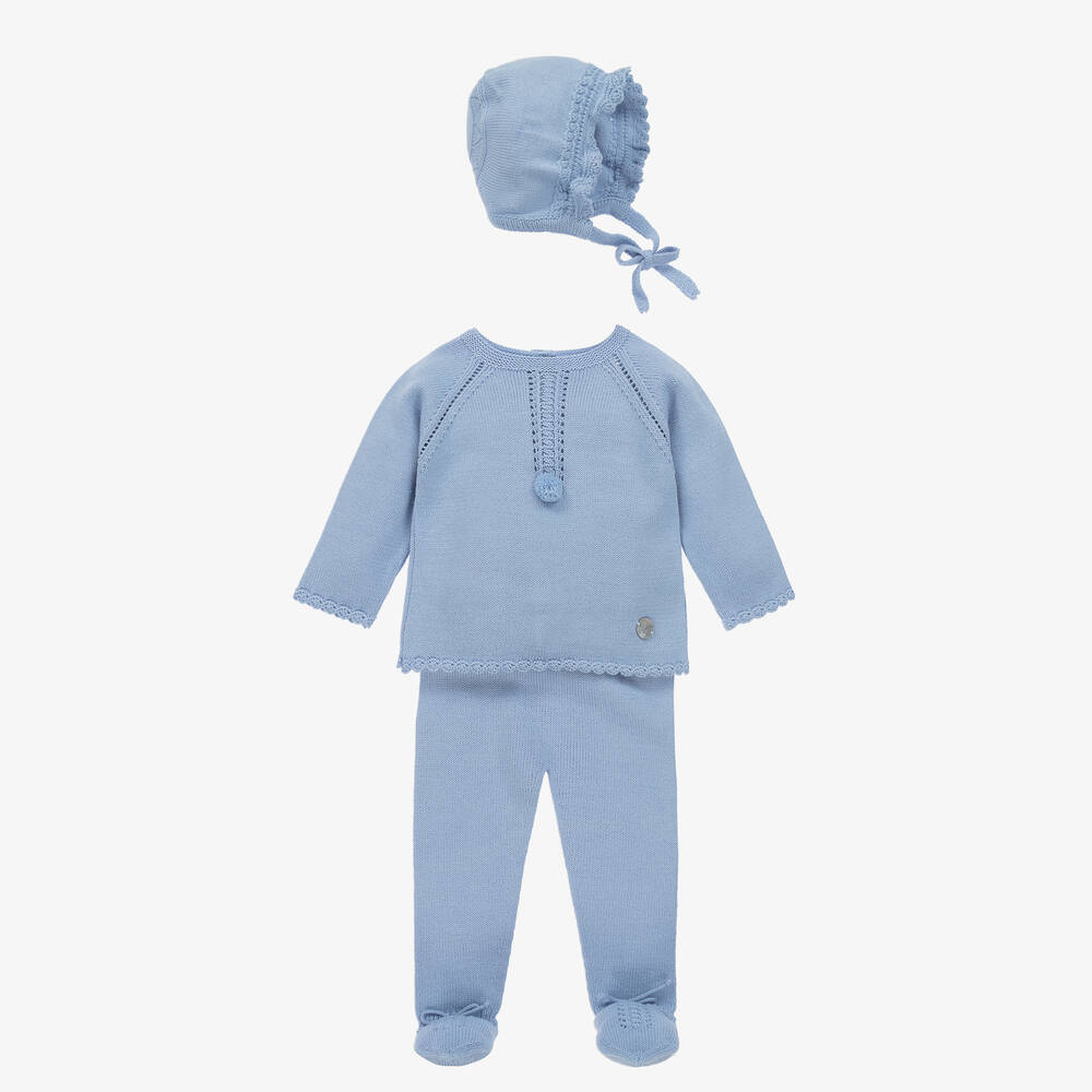 Artesanía Granlei - Blaues Strickstrampler & Mützen Set | Childrensalon