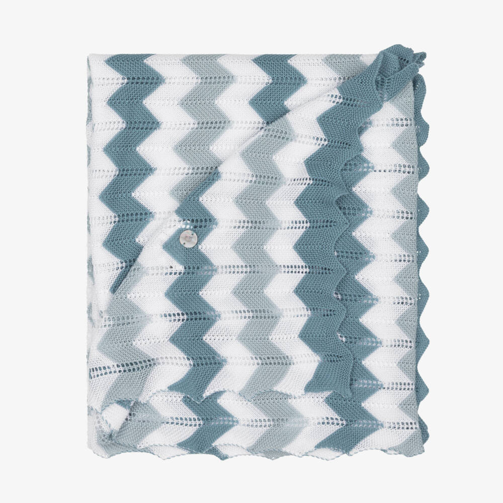 Artesanía Granlei-Blue & White Zigzag Knitted Shawl (132cm) | Childrensalon Outlet