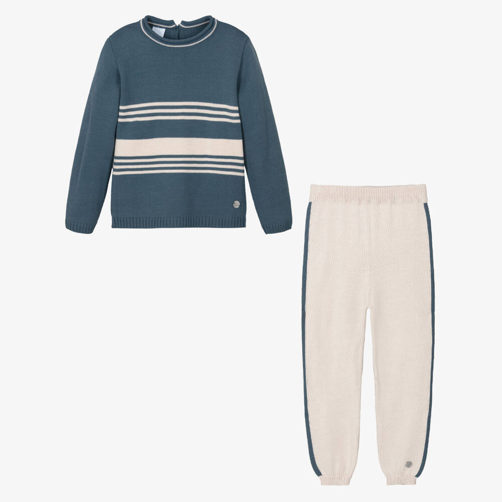Artesanía Granlei-Boys Beige Blue Knit Outfit | Childrensalon Outlet