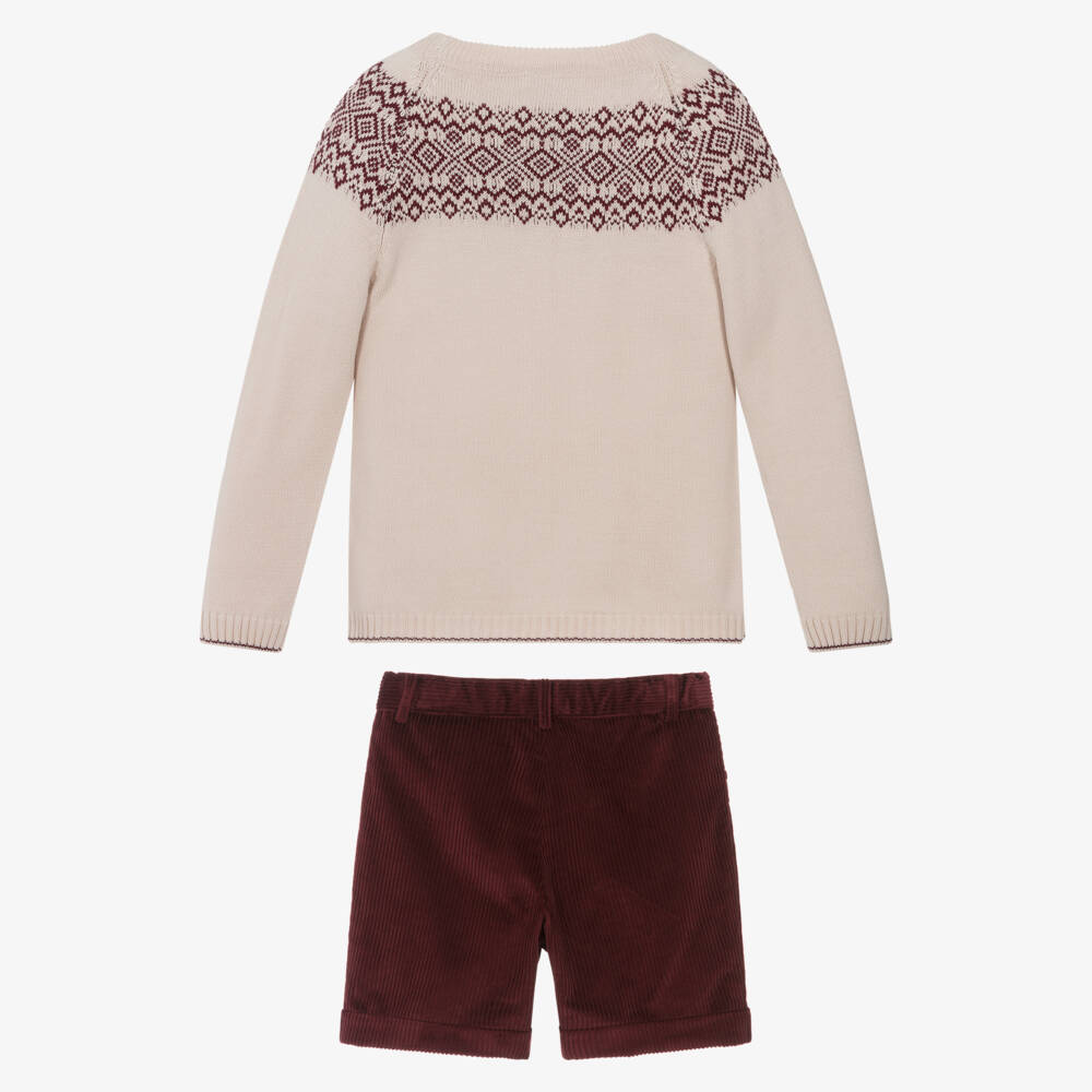 Artesanía Granlei-Boys Beige & Burgundy Red Fair Isle Shorts Set | Childrensalon Outlet