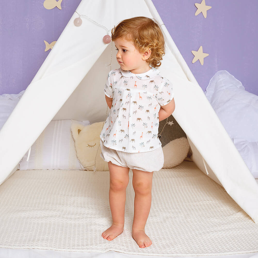 Artesanía Granlei-Boys Beige Cotton & Linen Shorts Set | Childrensalon Outlet