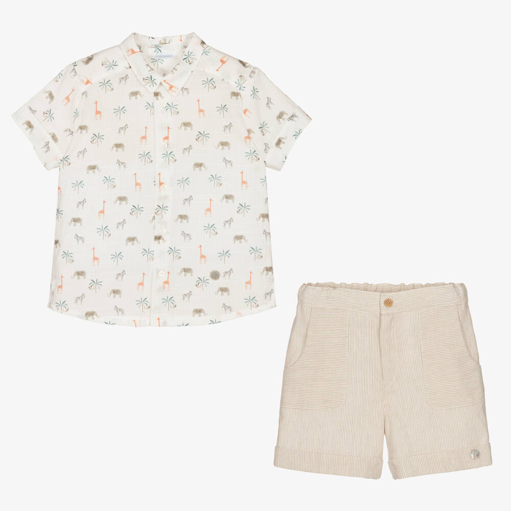 Artesanía Granlei-Boys Beige Cotton & Linen Shorts Set | Childrensalon Outlet
