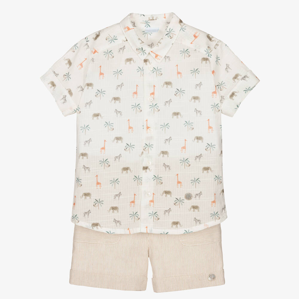 Artesanía Granlei - Boys Beige Cotton & Linen Shorts Set | Childrensalon