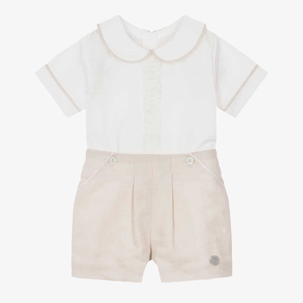 Artesanía Granlei-Boys Beige & Ivory Buster Suit with Lace Trim | Childrensalon Outlet