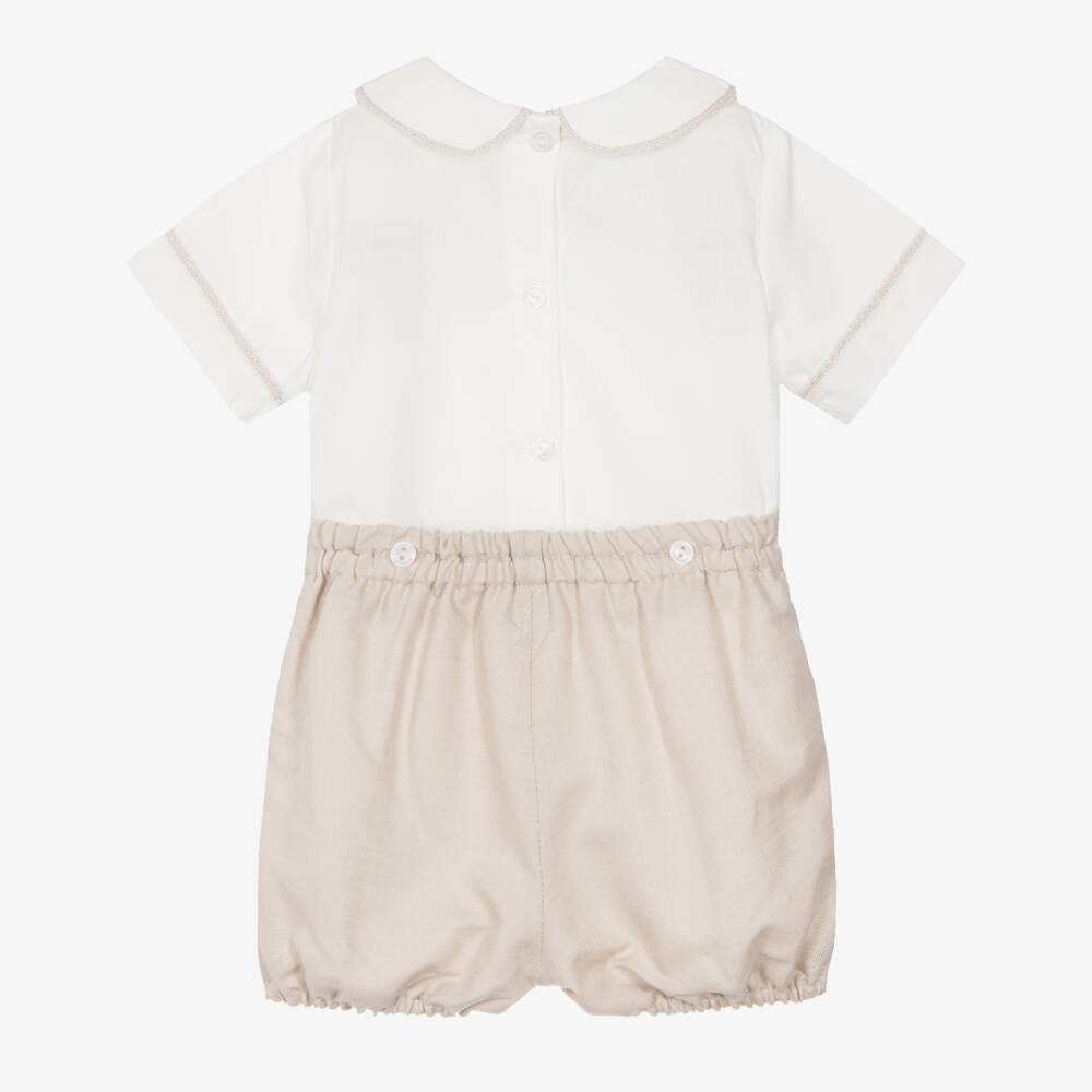 Artesanía Granlei-Boys Beige & Ivory Buster Suit with Lace Trim | Childrensalon Outlet
