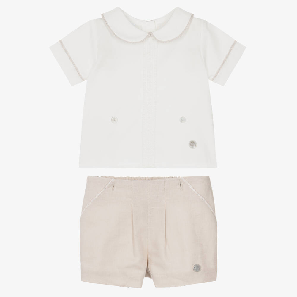 Artesanía Granlei-Boys Beige & Ivory Buster Suit with Lace Trim | Childrensalon Outlet
