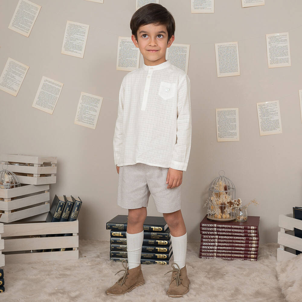 Artesanía Granlei-Кремовая рубашка и бежевые шорты из хлопка | Childrensalon Outlet