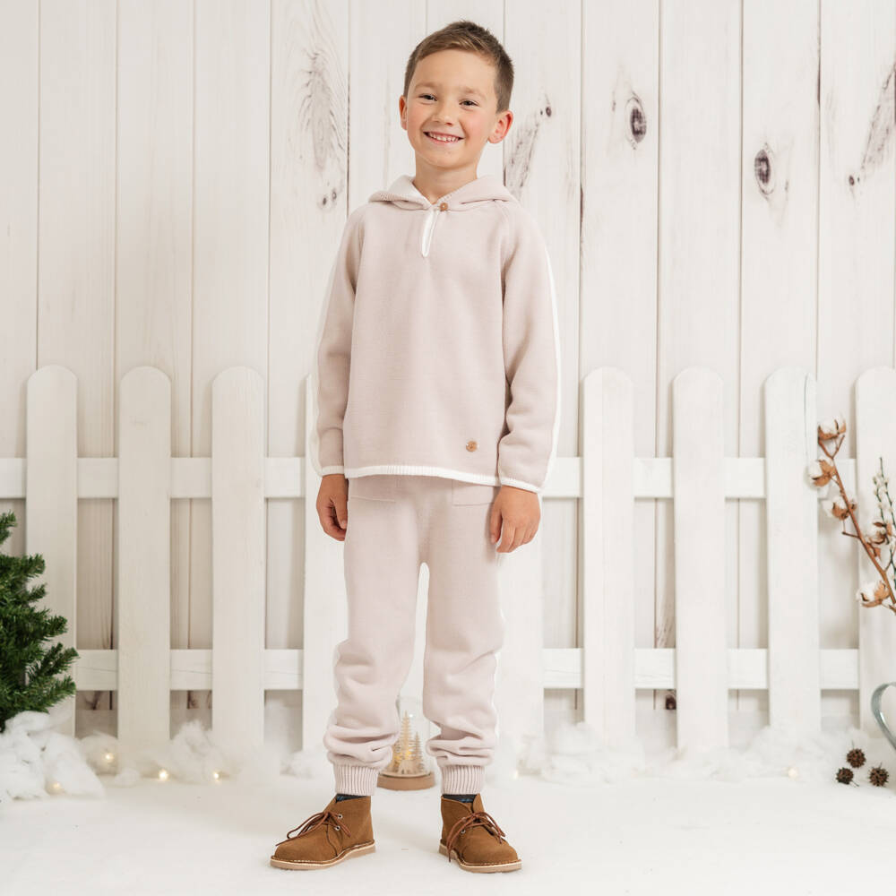 Artesanía Granlei-Boys Beige Knit Hooded Top & Trouser Set | Childrensalon Outlet