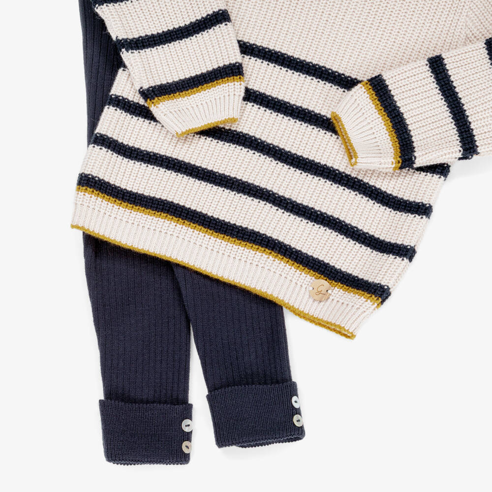 Artesanía Granlei-Boys Beige & Navy Blue Striped Knit Trousers Set | Childrensalon Outlet