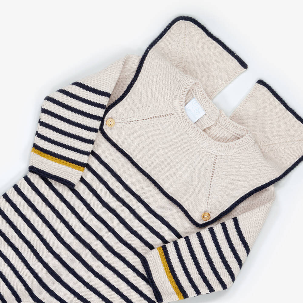 Artesanía Granlei-Boys Beige & Navy Blue Striped Knitted Romper | Childrensalon Outlet