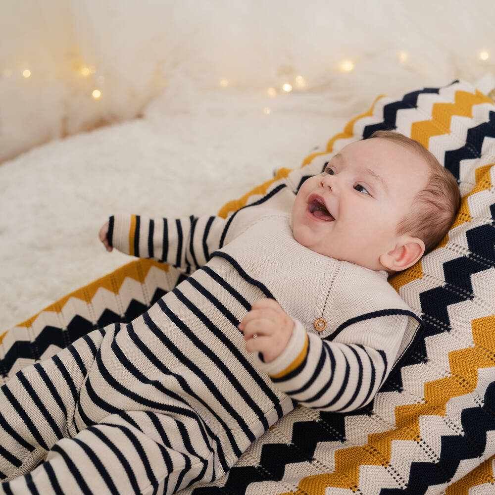 Artesanía Granlei-Boys Beige & Navy Blue Striped Knitted Romper | Childrensalon Outlet