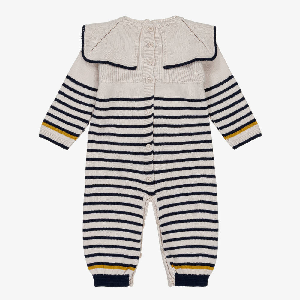 Artesanía Granlei-Boys Beige & Navy Blue Striped Knitted Romper | Childrensalon Outlet