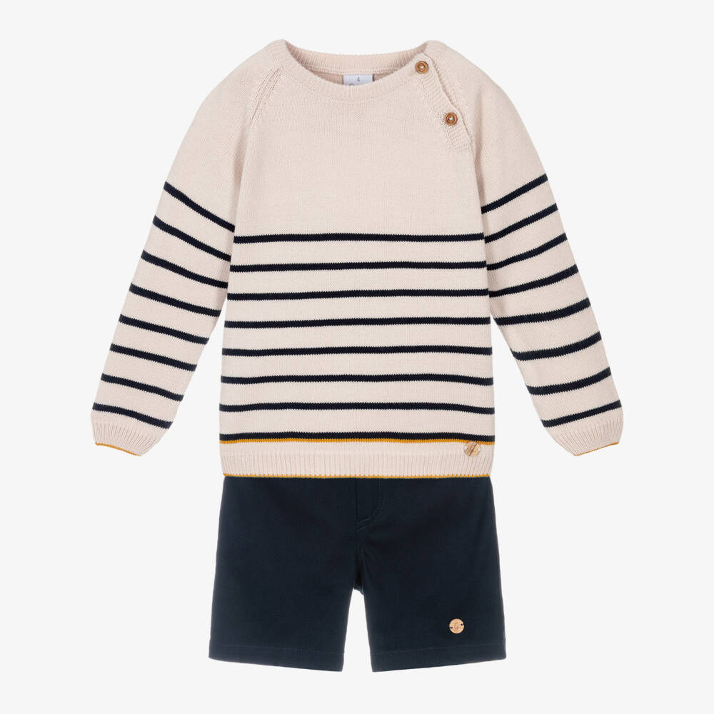 Artesanía Granlei-Boys Beige Striped Sweater & Navy Blue Shorts Set | Childrensalon Outlet