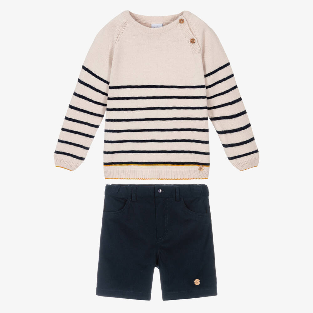 Artesanía Granlei-Boys Beige Striped Sweater & Navy Blue Shorts Set | Childrensalon Outlet