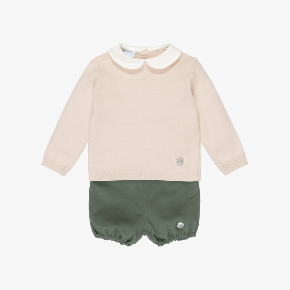 Artesanía Granlei-Boys Beige Sweater & Green Cotton Shorts Set | Childrensalon Outlet