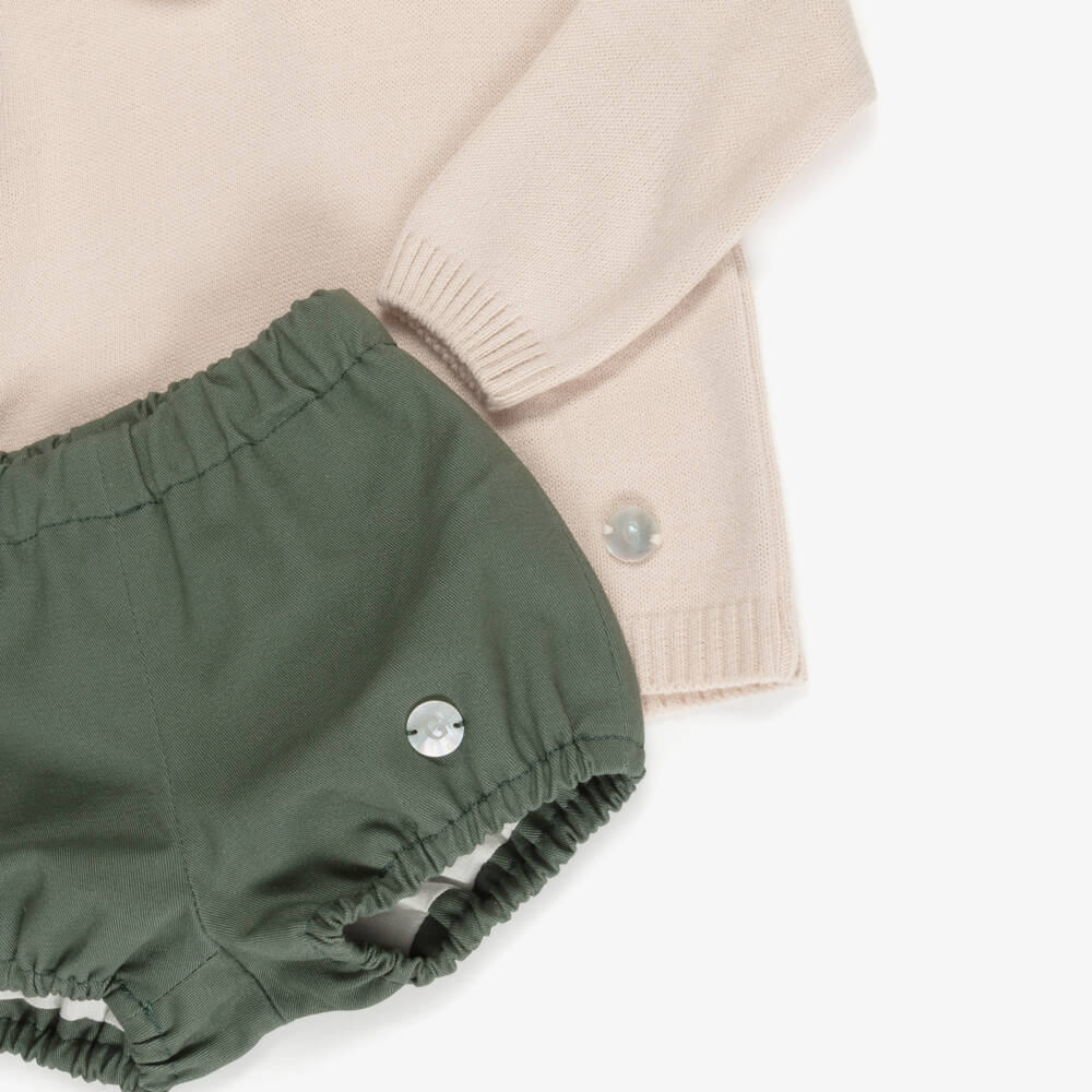 Artesanía Granlei-Boys Beige Sweater & Green Cotton Shorts Set | Childrensalon Outlet