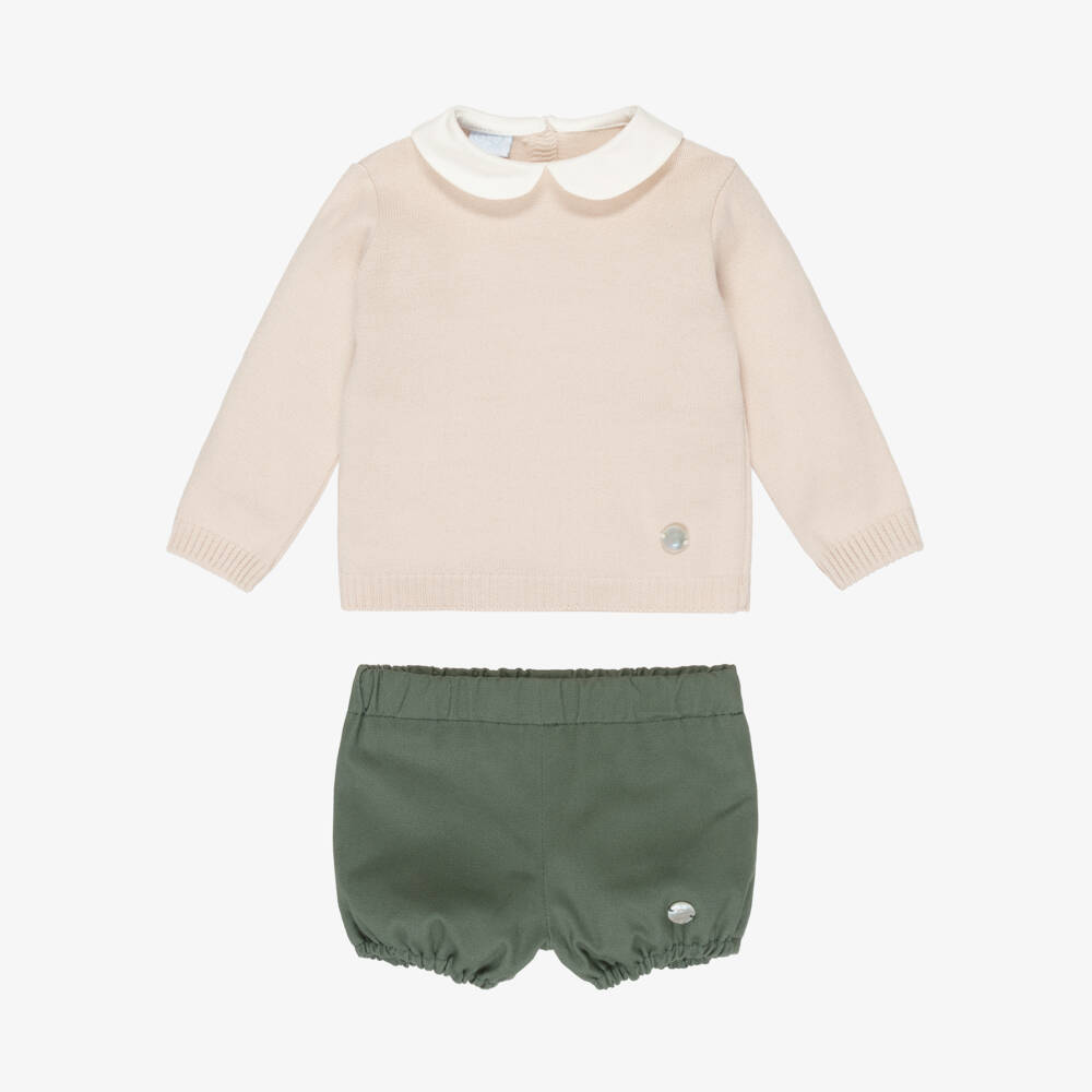 Artesanía Granlei-Boys Beige Sweater & Green Cotton Shorts Set | Childrensalon Outlet