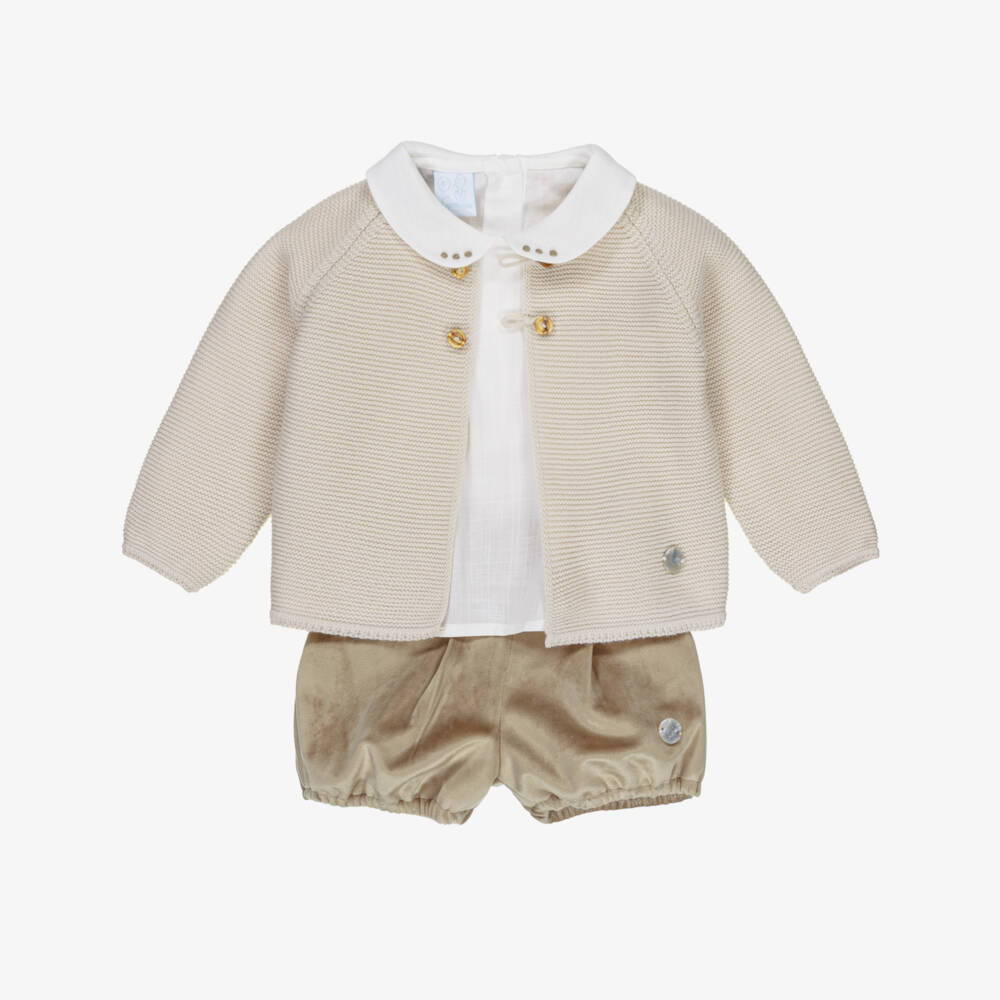 Artesanía Granlei-Boys Beige Velvet Shorts & Cardigan Set | Childrensalon Outlet