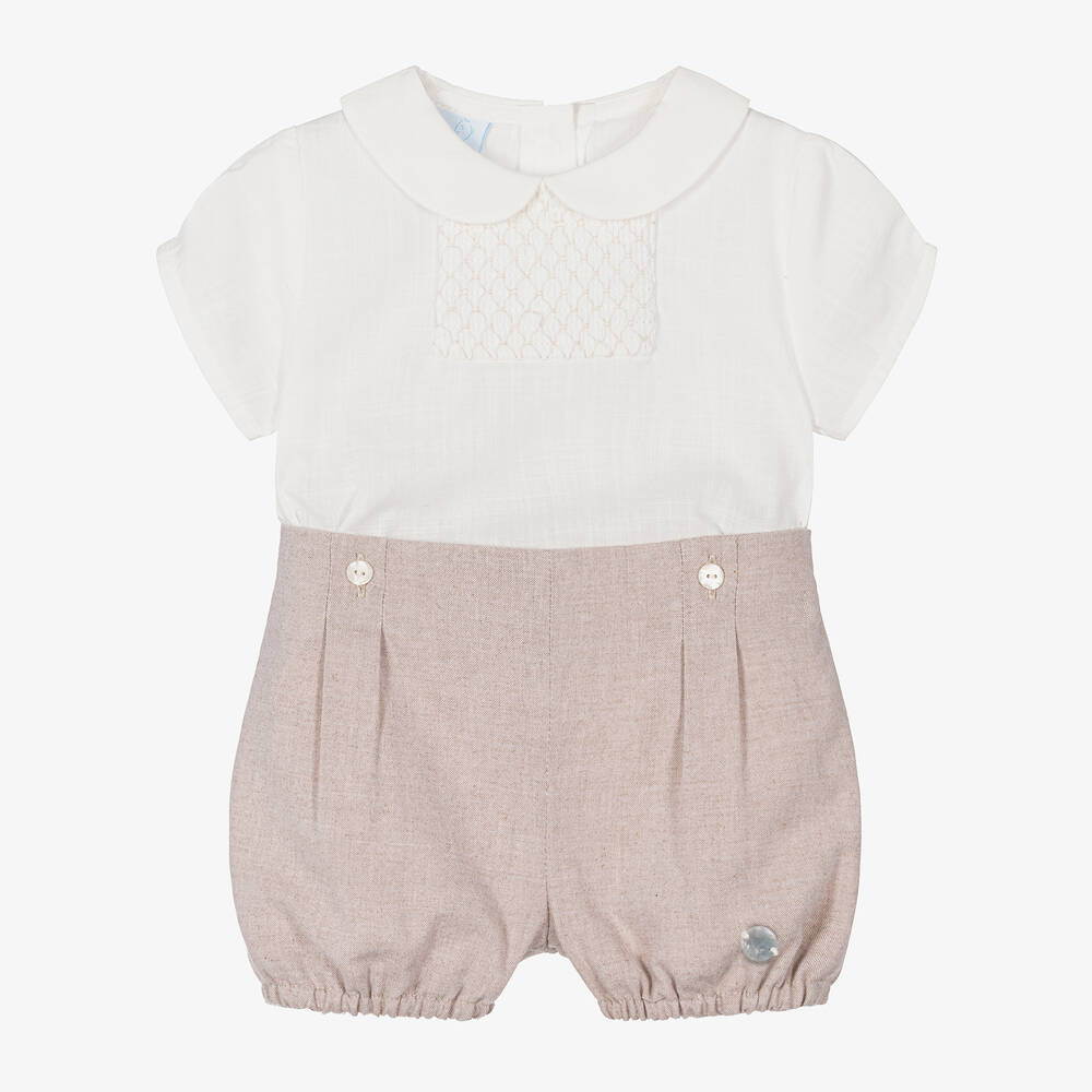 Artesanía Granlei-Boys Beige & White Cotton Buster Suit | Childrensalon Outlet