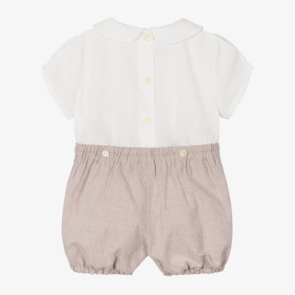 Artesanía Granlei-Boys Beige & White Cotton Buster Suit | Childrensalon Outlet