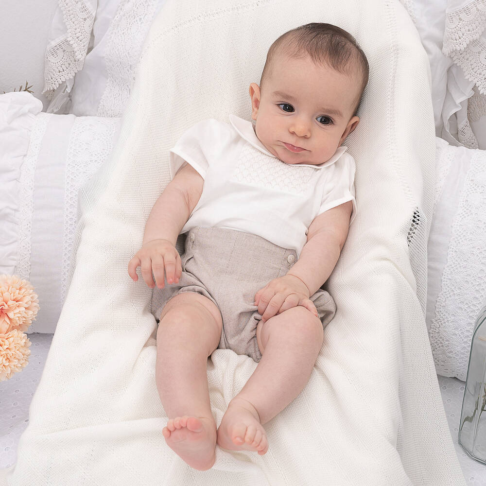 Artesanía Granlei-Boys Beige & White Cotton Buster Suit | Childrensalon Outlet