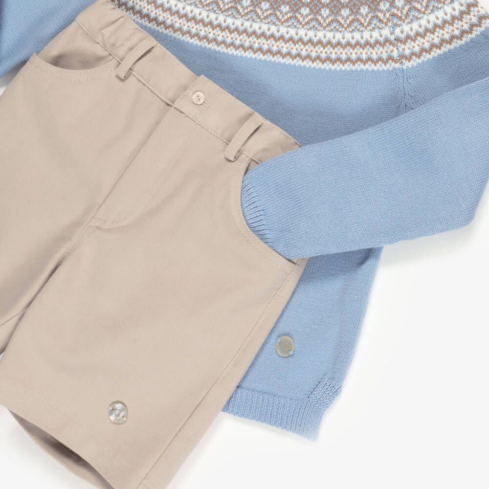 Artesanía Granlei-Boys Blue & Beige Fair Isle Sweater & Shorts Set | Childrensalon Outlet