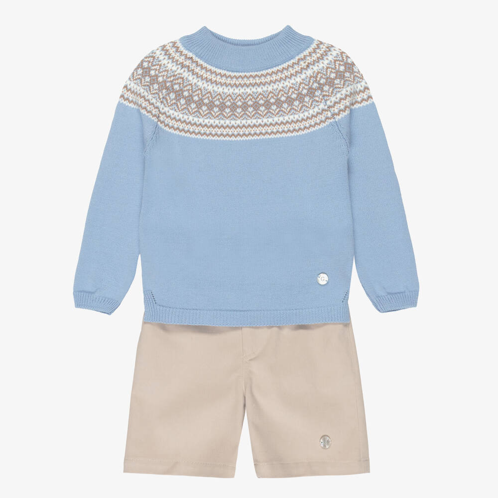 Artesanía Granlei-Boys Blue & Beige Fair Isle Sweater & Shorts Set | Childrensalon Outlet