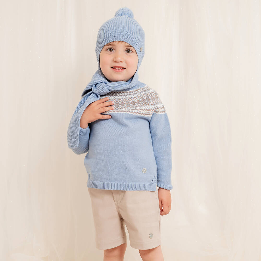 Artesanía Granlei-Boys Blue & Beige Fair Isle Sweater & Shorts Set | Childrensalon Outlet