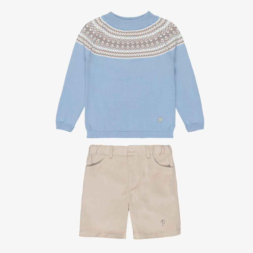 Artesanía Granlei-Boys Blue & Beige Fair Isle Sweater & Shorts Set | Childrensalon Outlet