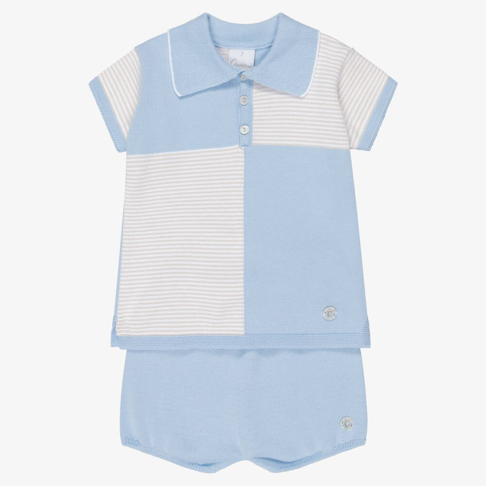 Artesanía Granlei-Boys Blue & Beige Knitted Polo Shirt & Shorts Set | Childrensalon Outlet
