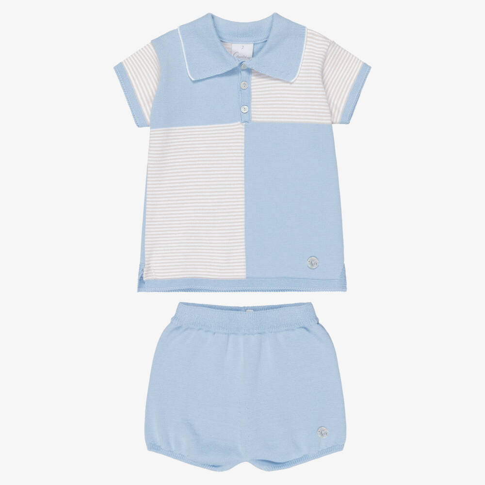 Artesanía Granlei-Boys Blue & Beige Knitted Polo Shirt & Shorts Set | Childrensalon Outlet