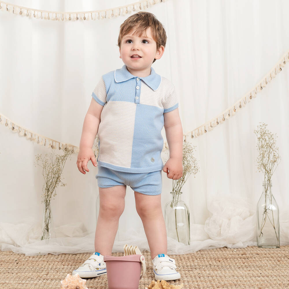 Artesanía Granlei-Boys Blue & Beige Knitted Polo Shirt & Shorts Set | Childrensalon Outlet