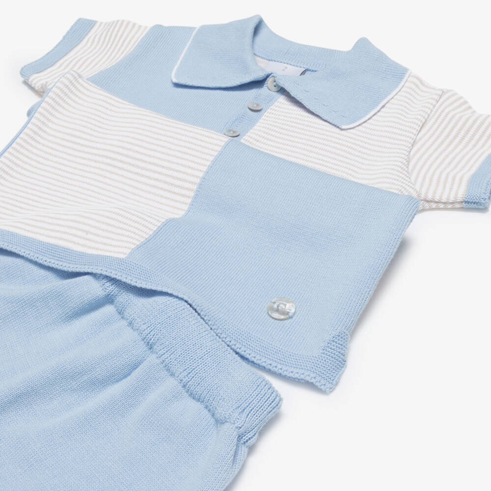 Artesanía Granlei-Boys Blue & Beige Knitted Polo Shirt & Shorts Set | Childrensalon Outlet
