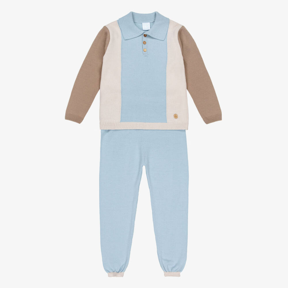 Artesanía Granlei-Boys Blue & Beige Knitted Sweater & Trouser Set | Childrensalon Outlet