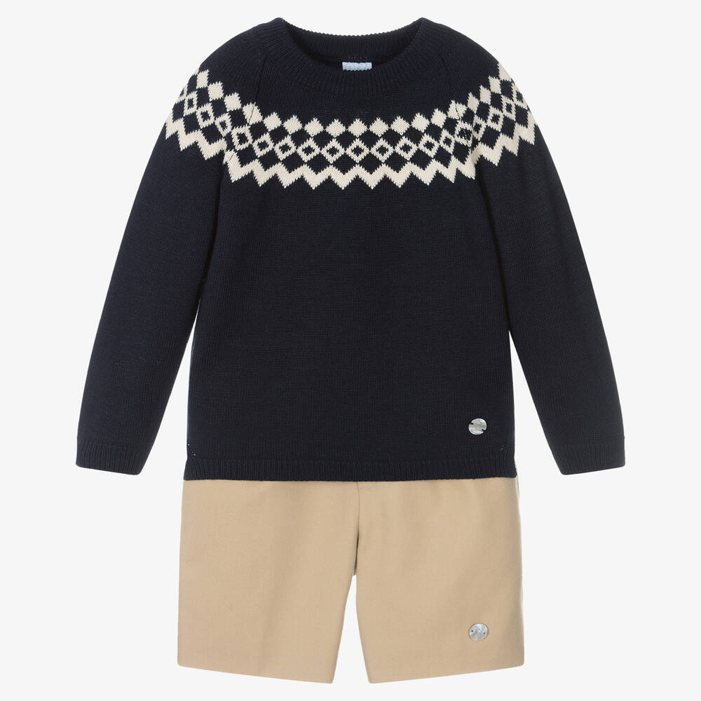 Artesanía Granlei-Boys Blue & Beige Shorts Set | Childrensalon Outlet