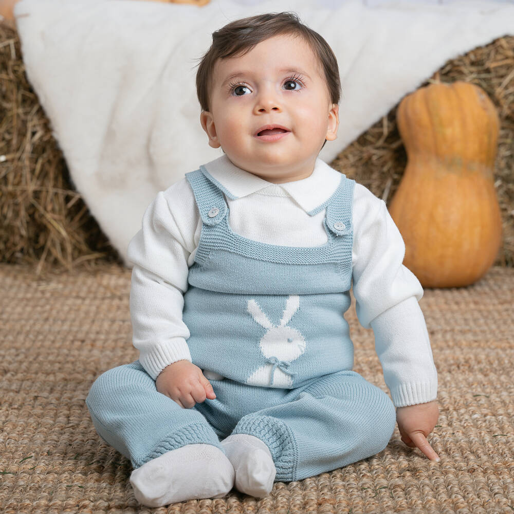 Artesanía Granlei-Boys Blue Bunny Knit Dungaree Set | Childrensalon Outlet