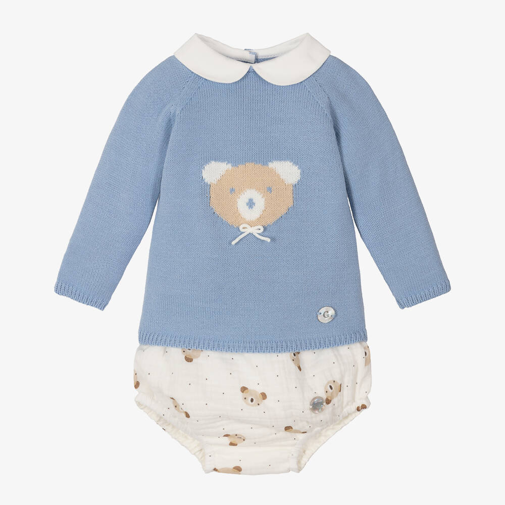 Artesanía Granlei-Boys Blue Knit Bear Shorts Set | Childrensalon Outlet