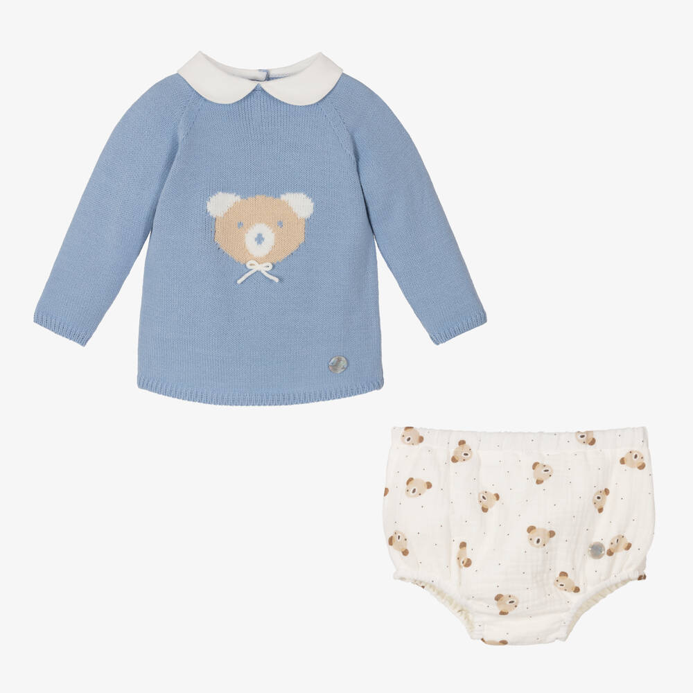Artesanía Granlei-Boys Blue Knit Bear Shorts Set | Childrensalon Outlet