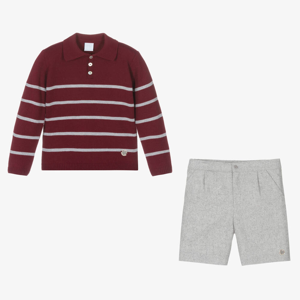 Artesanía Granlei-طقم شورت أكريليك محبوك لون أحمر برغندي ورمادي | Childrensalon Outlet