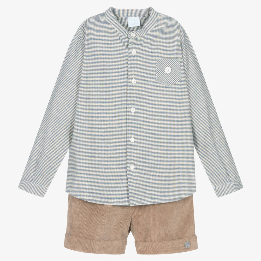 Artesanía Granlei - Boys Checked Shirts & Beige Shorts Set | Childrensalon