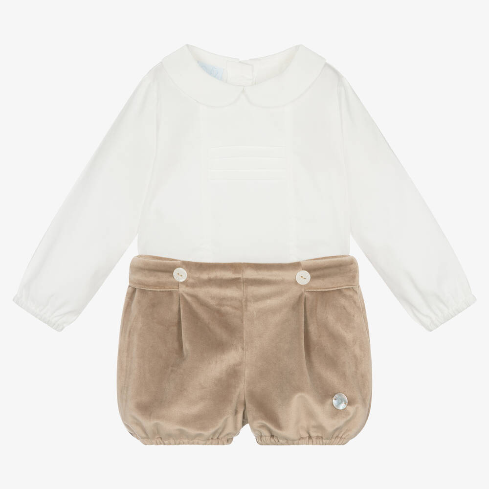Artesanía Granlei - Белая блузка и бежевые бархатные шорты | Childrensalon